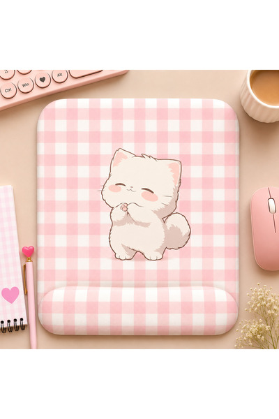 matizya Pembe Ekose Sevimli Kedi Kare Bilek Destekli Mousepad 19x23 cm Kawaii...