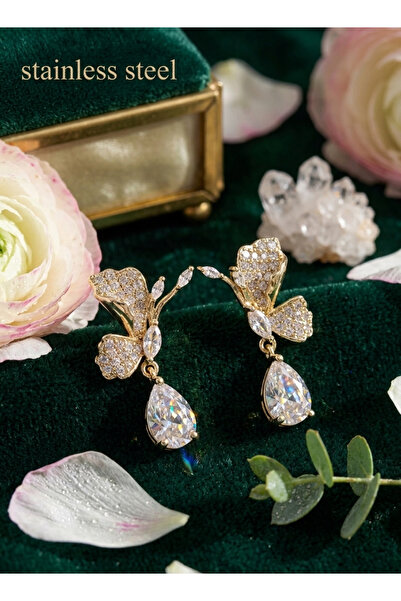 stainless steell Brass Gold Color Zircon Stone Crane Bird Model Dangle Earrings