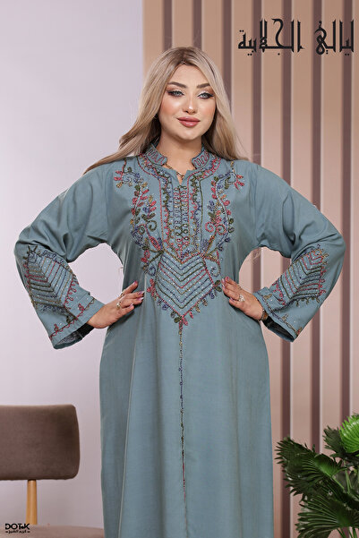 Lyaly aljlabyh Luxe Linen Jalabiya Mandarin Collar — Floral and Double Chevro...