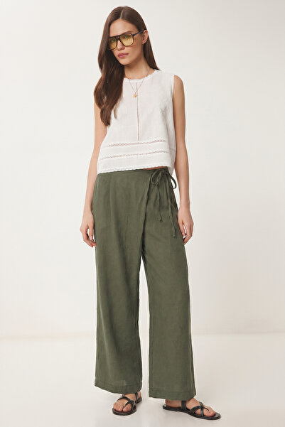 Lovelyİstanbul Pantaloni din modal cu detaliu de legare LUB0368 KHAKI