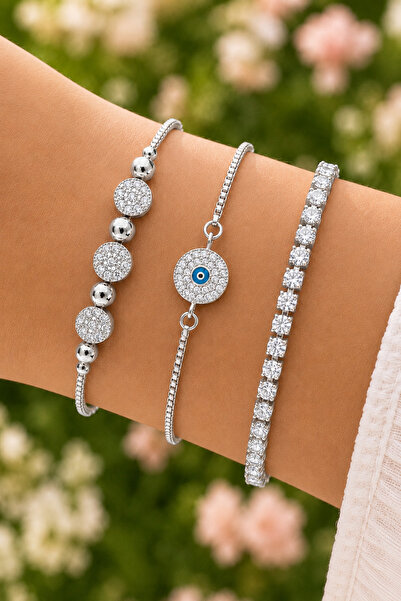 Merand Women's Silver Color 3-Piece Steel Bracelet Set with Zircon Stone, Evi...