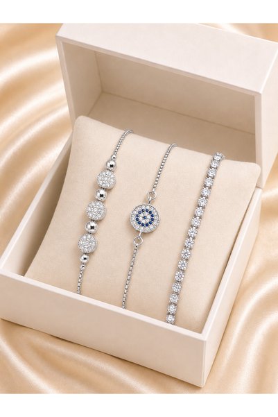 Merand Women's Silver Color 3-Piece Steel Bracelet Set with Zircon Stone, Evil Eye Beads and Waterway Model Combination Jewelry