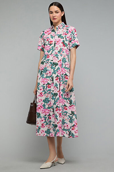 R&B Floral Print Shirt Dress with Short Sleeves