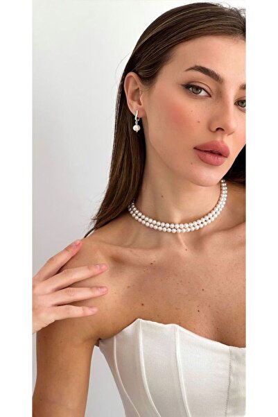 Ravinity Çift Sıra İnci Choker Kolye Gelin Düğün Nikah Takısı