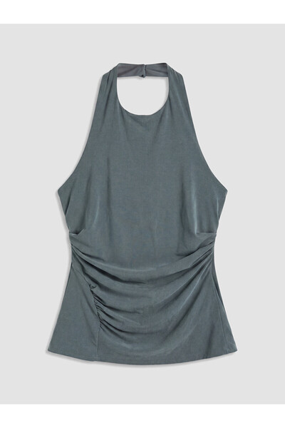 LC Waikiki Blue halter neck ruched blouse