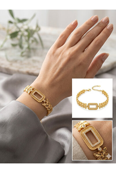 ismim bijuteri Gold Kaplama Yaprak Desenli Taşlı Çerçeve Model Kadın Bileklik...