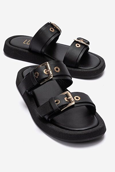 LuviShoes Dorel Black Genuine Leather Buckle Women's Slippers