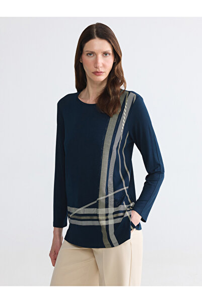 LC Waikiki Navy Blue Crew Neck Patterned Blouse