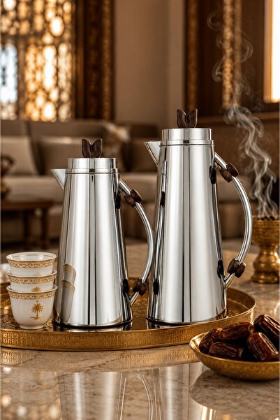Generic Trams Set with Capacity (1L + 0.7L) Chrome Silver with Wood Details E...