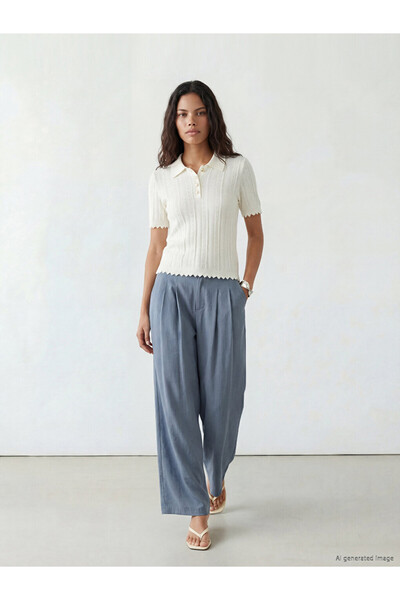 LC Waikiki Blue High Waist Pleated Women's Fabric Trousers