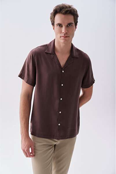Mudo Men's Brown Regular Fit Resort Collar Short Sleeve Shirt