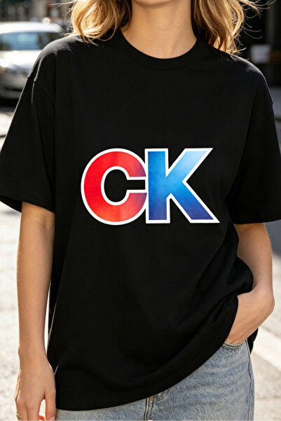 Fleck Womens T Shirts CK Logo Print Casual Streetwear Style Black Oversized T...