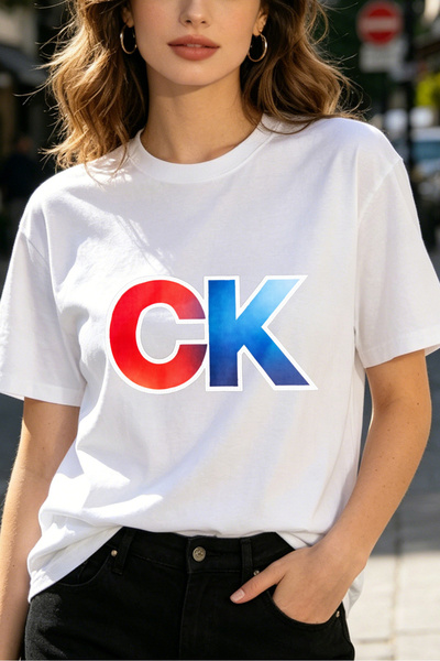 Fleck Womens T Shirts CK Logo Print Casual Streetwear Style White Crewneck To...