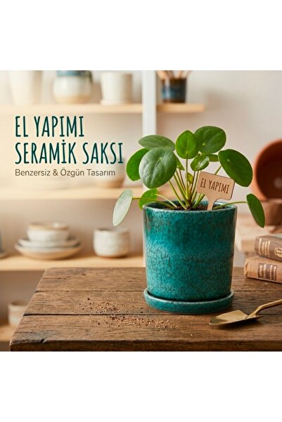 newme El Yapımı Seramik Saksı & Altlık Seti Doğal Turkuaz Efektli – Dekoratif...