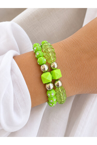 COCOSH TAKI Bright Green Silver Color Beaded Multiple Combination Bracelet