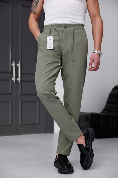 MODAMESTO Men's Khaki Relaxed Fit Elastic Waist Lace-Up Jogger Fabric Trouser...