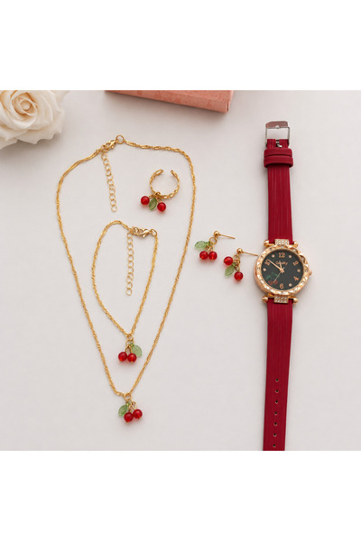 GlaMLo Accessories Set bijuterii cu cireșe și ceas asortat