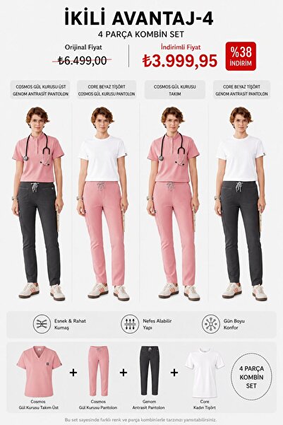 SAR UNIFORM 4 Parça Scrubs Kombin Seti Gül Kurusu Medikal Forma Hemşire Dokto...