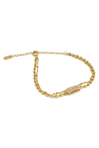 Generic Gold-Tone Beaded Chain Bracelet for Women - Crystal Bar Charm with Do...