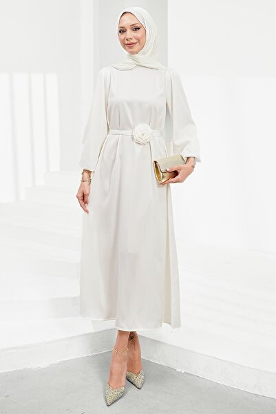 İmajButik Ecru Rose Belt Detailed Balloon Sleeve Satin Evening Dress