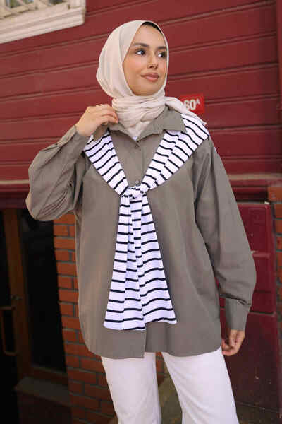 İmajButik Khaki Shawl Tie Detailed Garnished Shirt