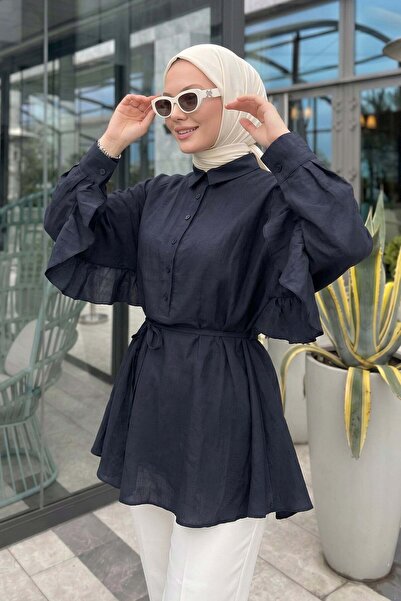 Salih Çelebi Volan Detailed Lace-Up Tunic Y0136 - Dark Blue
