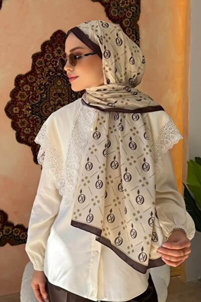 İmajButik Khaki Brown Monogram Patterned Soft Shawl