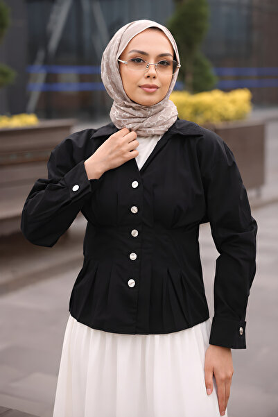 İmajButik Black Cuffed Sleeve Shirt with Front Pleated Detail