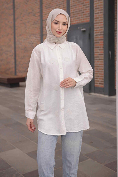 İmajButik قميص مطرز بالخرز بلون الإكرو مع أزرار