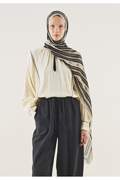 Freshscarfs Floral Lines Desen Soft Viskon Şal Siyah