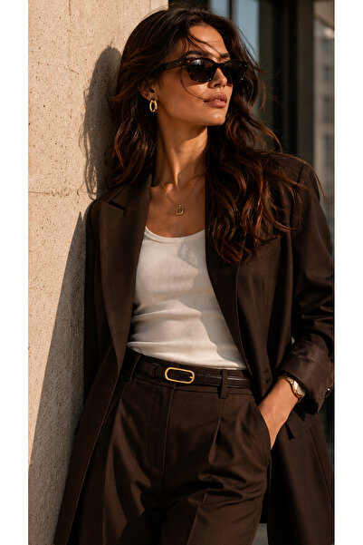 DERİMAY Elegantly Designed 1.5cm Thin Brown Belt with Minimal Buckle, Gold Bu...