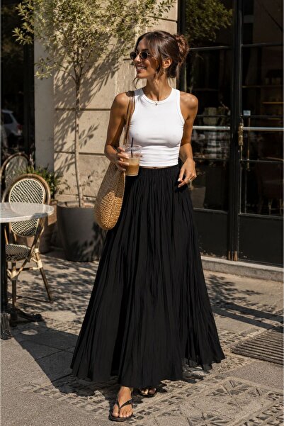 ZGfashion Kadın Beli Lastikli Akışkan Kumaş Uçuşan Maxi Siyah Etek
