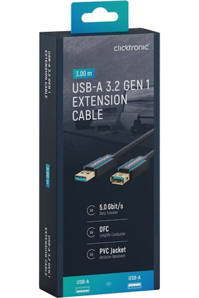 CLICKTRONIC Καλώδιο επέκτασης USB 3.0 με υποδοχή για βύσμα, 3μ