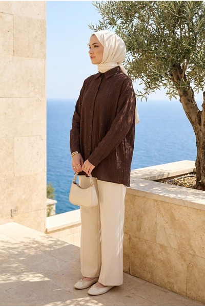 PALME D'OR Women's Sparkling Sequined Oversize Hijab Tunic Shirt