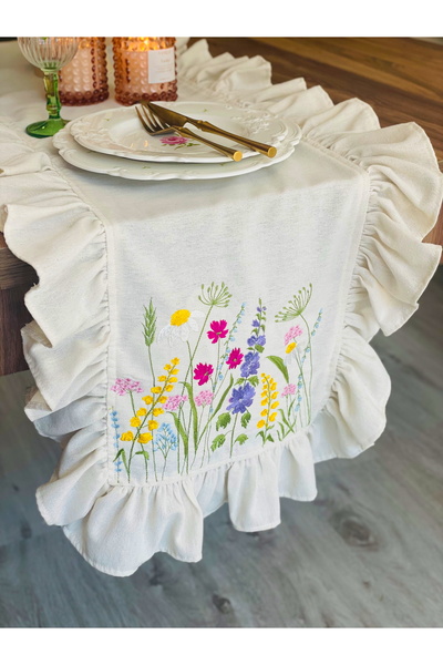 HOME OF BLOSSOM İki ucu Nakışlı Ham Keten Runner 40*120cm