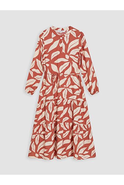 LC Waikiki Orange Judge Collar Patterned Dress with Belted Waist