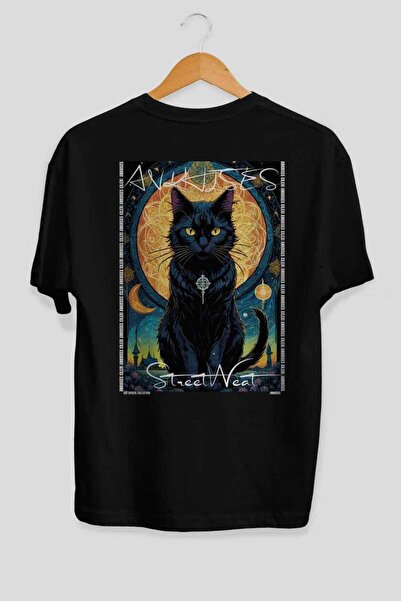 Ankhises For the Love of Cats 12 Cats Printed Black Oversize T-Shirt 100% Cot...