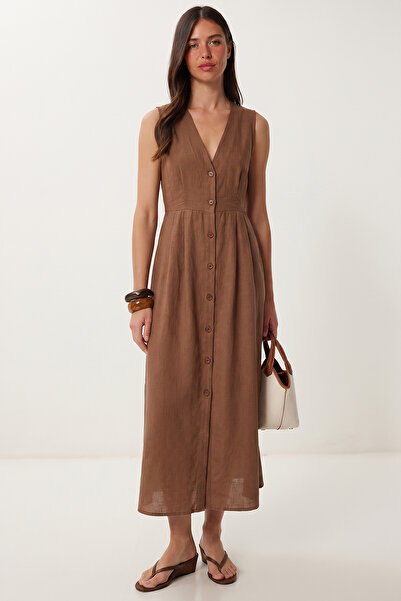 Lovelyİstanbul Rochie cămașă midi din in, fără mâneci LGX0014 MARO LĂPTOS