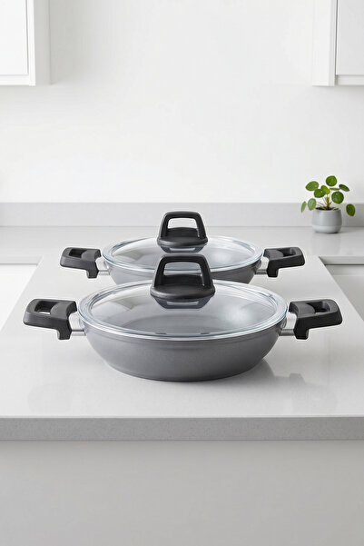 Taç Master Ceramica 4-Piece Ceramic Pan Set with Glass Lids, Gray