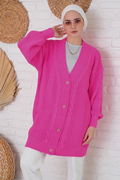 hazelin Women's Vibrant Pink Hair Braid Pattern Long Buttoned Relaxed Cut Kni...