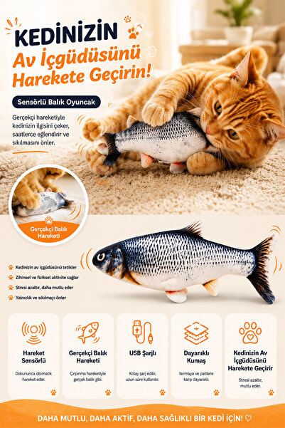 indirimsevinci Hareket Sensörlü Şarjlı Balık Kedi Oyuncağı Çırpınan İnterakti...