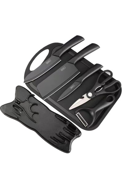 Bsr Set 7 ustensile bucatarie, cu suport, tocator+cutite+foarfeca, plastic+in...