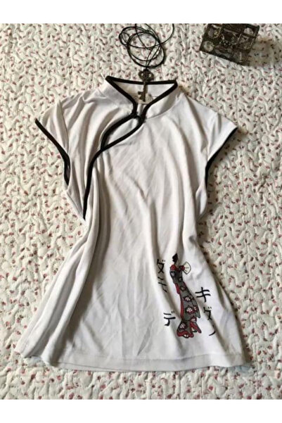 İsra Ayyıldız Moonstar Collection EKRU MANDARİN YAKA VİNTAGE GEİSHA BASKILI Y...