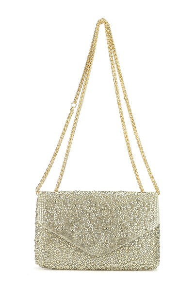 OEM Second-hand golden clutch bag with rhinestones and chain