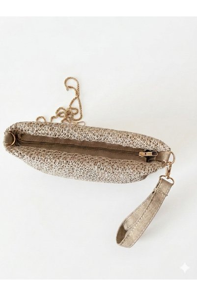 MODA Openwork Knitted Canvas Bracelet & Gold Shoulder Chain Clutch Bag
