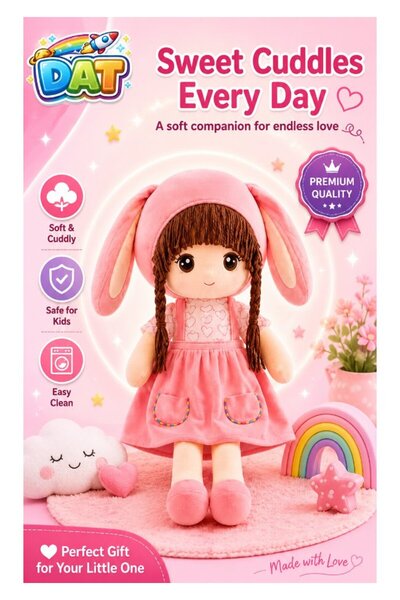 DAT Plush Bunny Ear Rag Doll Stuffed Toy for Girls – Soft Fabric Girl Doll wi...