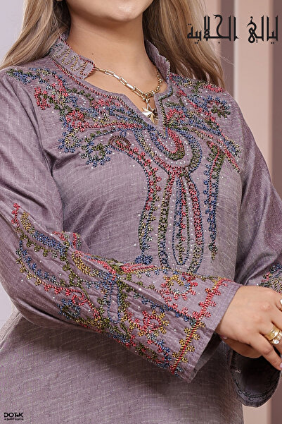 Lyaly aljlabyh جلابية كتان صيفي بارد بتطريز فاخر وفصوص كتان خفيف يبرّد على الجسم