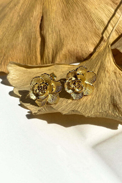 Spossy Silver Jewelry 925 Ayar Gümüş, Gold, Gül Küpe, Çiçek