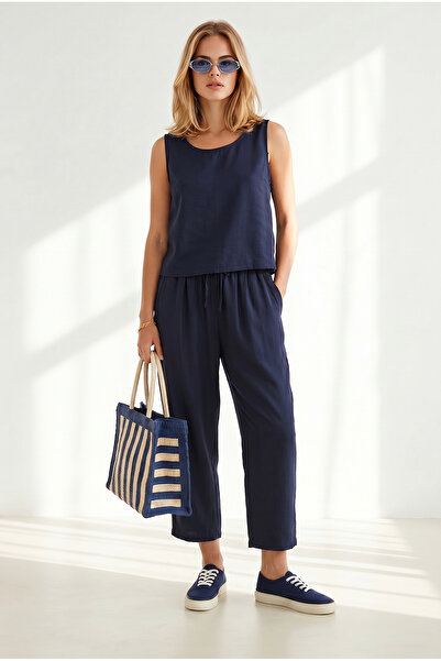 Olalook Women's Navy Blue Top Blouse Bottom Pocketed Pants Soft Textured Set ...