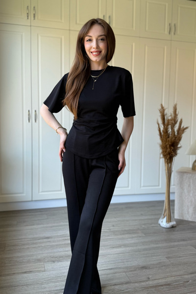 Dilay Gökoğlu Butik Waist Detailed Modal Fabric Trousers Black Set